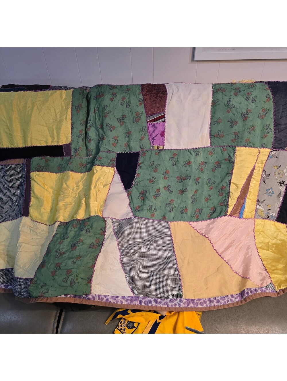 Vintage Handmade Crazy Patchwork Quilt w/decorative stitching  48 x86 Approx